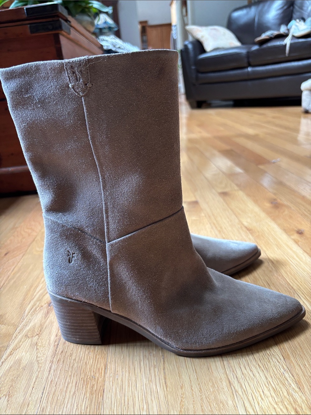 Frye Taupe Suede Pointed-Toe Mid-Calf Boots
